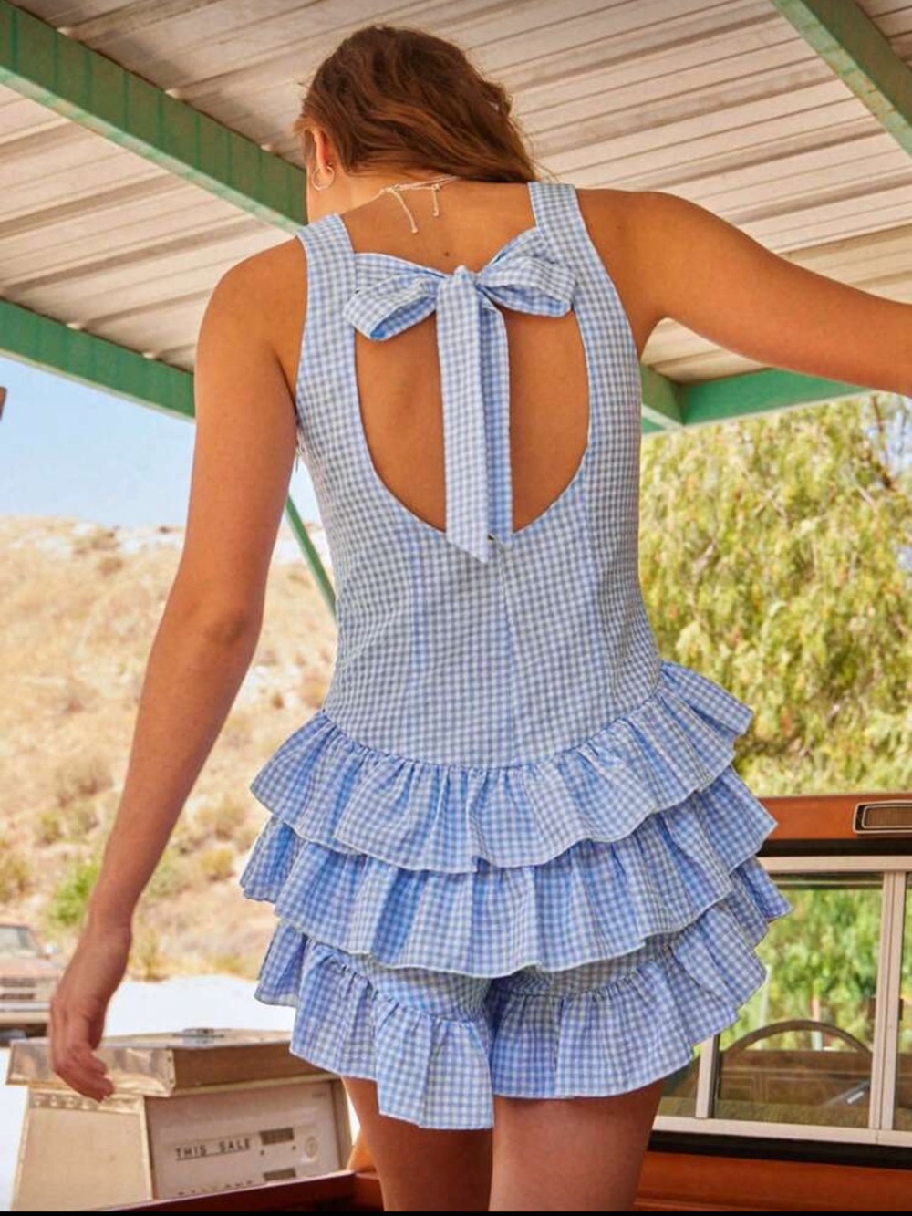 Blue Gingham Ruffled Mini Dress - Picture 2 of 4